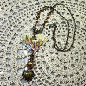 Heart vintage tin Pendant Necklace with Gold natural pearl and Bronze heart